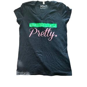 Black Graphic Tee with Pink and Green Text